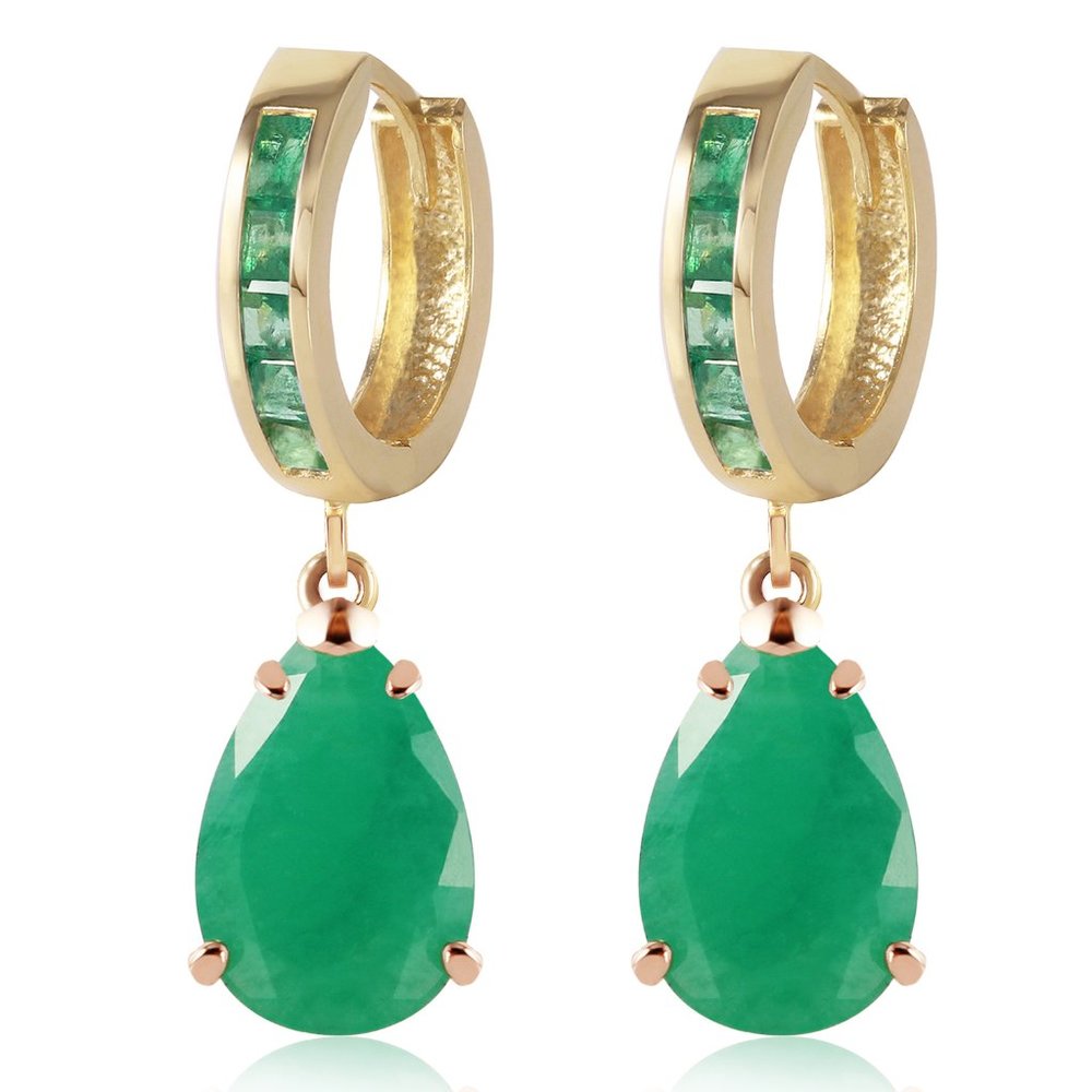 14K. GOLD HUGGIE EARRING WITH DANGLING EMERALDS (Yellow Gold)